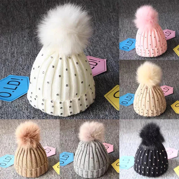 Western caps beanie single pompom fur warm pearl cap for girls