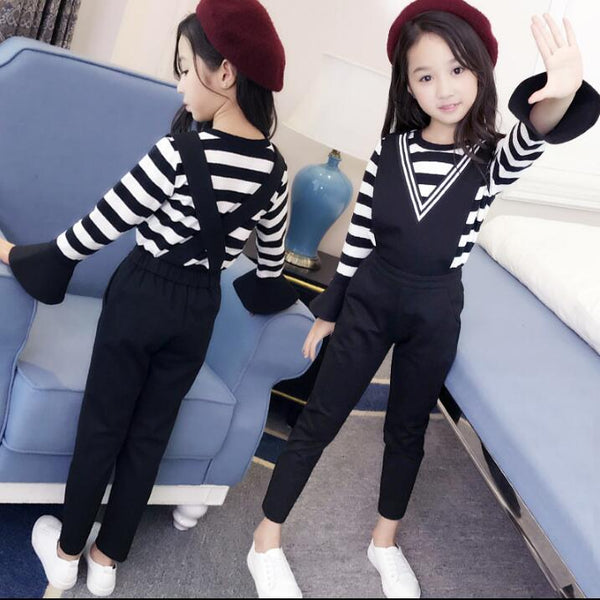 4399  Kids fashion Pakistan jumpsuit style striped shirt and pant dress for girls