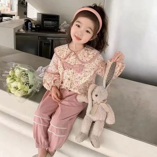 Baby clothes floral print bow puffy sleeve top+pant dress for girls