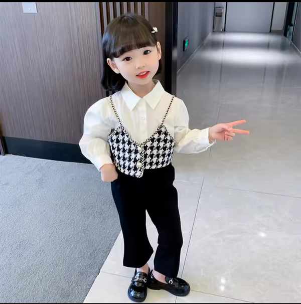 Kids clothes girls flared pant + white shirt + houndstooth vest 3pcs dress for girls
