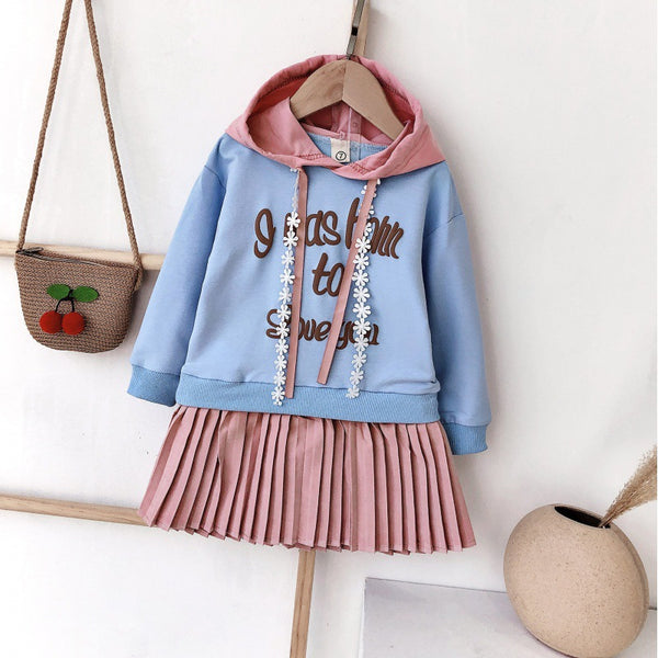 Kids wear fashion letter stitching pleated long sleeved hoodie with skirt dress for girls