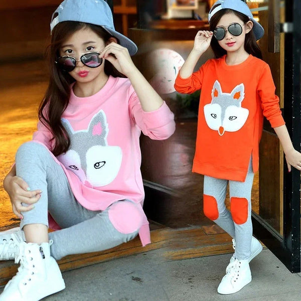 4450 Girls clothes foxes style long sleeve shirt with pant 2pcs dress for girls