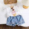 Kids fashion bunny lace flutter sleeve shirt + embroidered denim short dress for girls