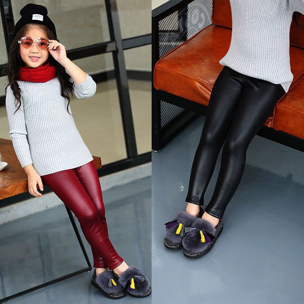 4361 Casual style pattern leather tights inside furr for girls