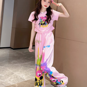 Cute Pink Cartoon T-shirt Pants Set Fashion Straight Pants Rainbow Outfits In Summer