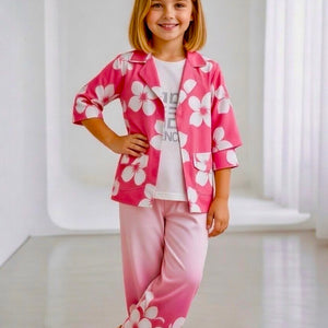 Girls' 3-Piece Pink Floral Co-ord Set with Jacket, Graphic Tee, and Pants