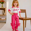3-Piece Barbie Inspired Girls Casual Set – White Top, Pink and White Jacket & Bow Cargo Pants
