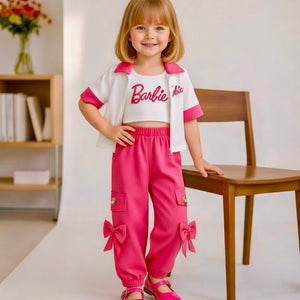 3-Piece Barbie Inspired Girls Casual Set – White Top, Pink and White Jacket & Bow Cargo Pants