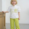 2-Piece Summer Set – White Puff Sleeve Shirt with Lime Green Pants