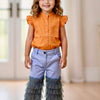 Western Style Sleeveless Shirt With Stylish Edges In Dark Mustard And Mesh With 5 Layers Capri In Jeans Look For Girls