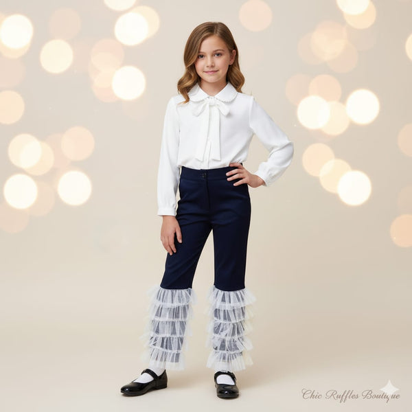 Western Style Pearl Collar Style Shirt With 5 Layers Of Mesh Floral Style Pent On Bottom For Girls