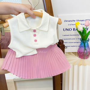 Girls clothing kids collar sleeveless tank top + pleated skirt dress for girls