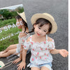 Girls clothes floral top + lace denim short 2 pcs dress for girls