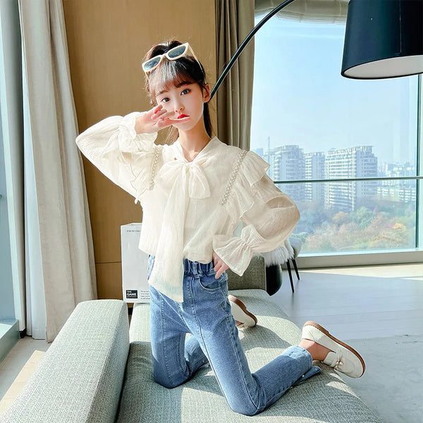 Kids clothing bow style full sleeve shirt with jeans pant 2 piece dress for girls