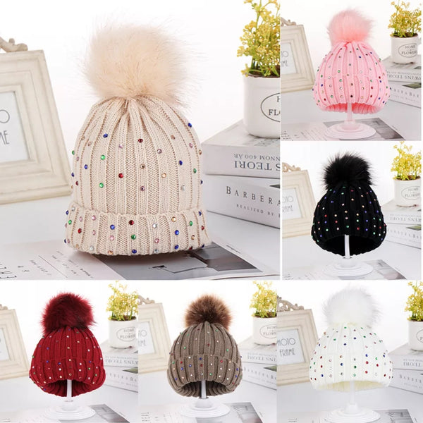 4306 Kids wear wool hamming fur warm rhinestone cap for girls
