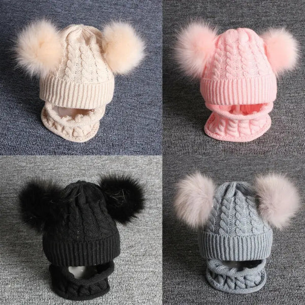 4307 Kids caps online baby cap with scarf double pom pom set fur warm for boys and girls