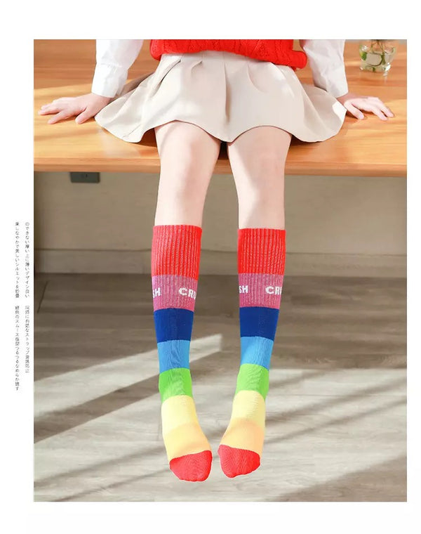 Rainbow multi color striped patchwork stylish socks for girls