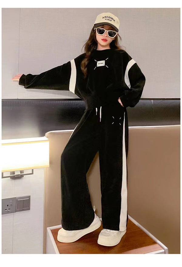 Kids fashion patchwork girls tracksuit top shirt with striped lose pant dress for girls