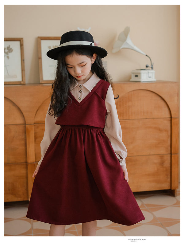 4456 Kids clothing korean style fake two pieces frock for girls
