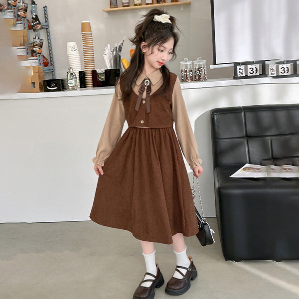 4457 Girls clothing new lapel fake two piece long sleeve shirt frock for girls