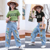 Girls clothes letter print shirt and denim pant dress for girls