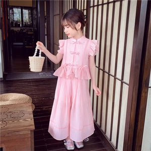 Western Dress sleeveless top+wide leg pant loose dress for girls