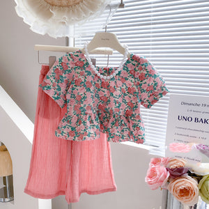 kids clothing brands casual flower printed shirt and wide leg pant dress for girls