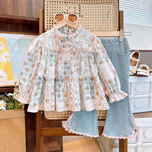 kids clothing brands in pakistan floral doll shirt with lace jeans 2 pcs dress for girls