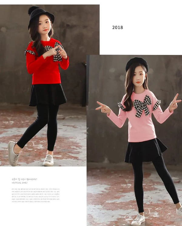BiG bow sweatshirt+tight skirt style winter dress for girls