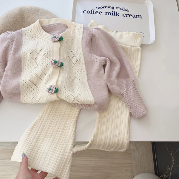 kids clothing brands floral knitted cardigan coat+high waist flare pant dress for girls