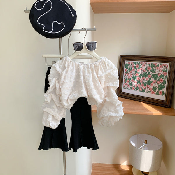 Kids clothing puff sleeve top+elastic slit flared pant dress for girls