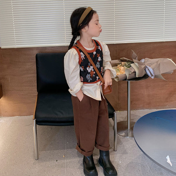 Infant clothing flower tank top+casual long sleeve shirt+pocket pant three piece dress for girls