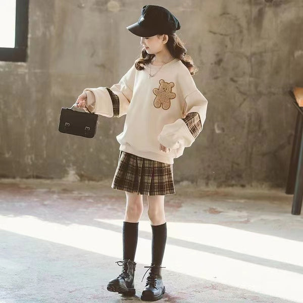Kids fashion teenager bear hoodie sweatshirt + plaid pleated skirt dress for girls