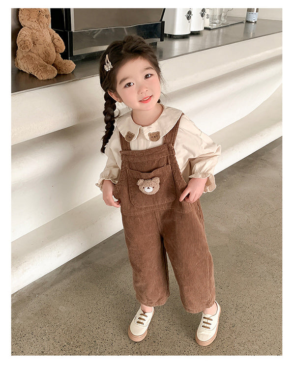 4429 Western Dress cartoon bear long sleeved shirt+overall 2 pcs dress for girls