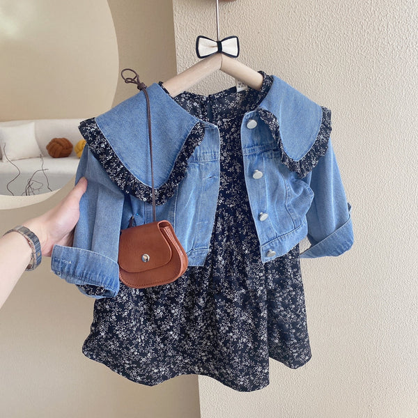4415 Infant clothing lepal denim top with floral design two-piece dress for girls