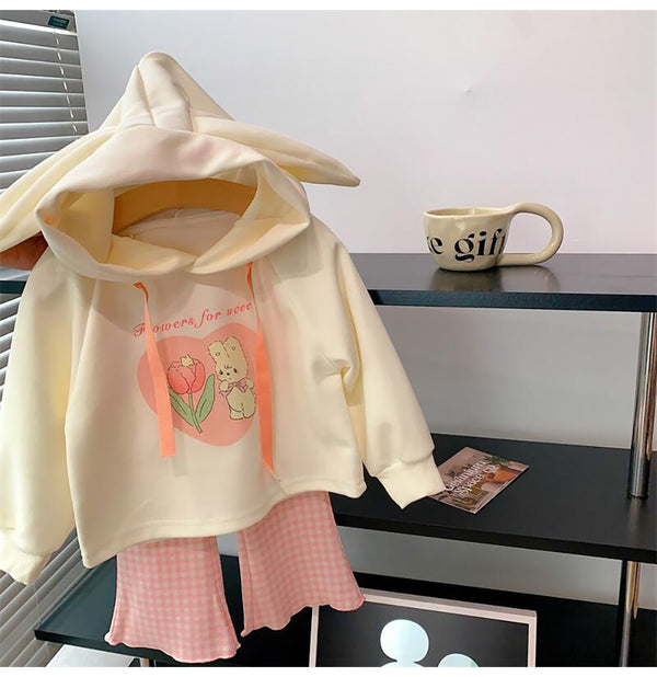 Girls clothing cartoon print hoodie top+plaid flare pant dress for girls