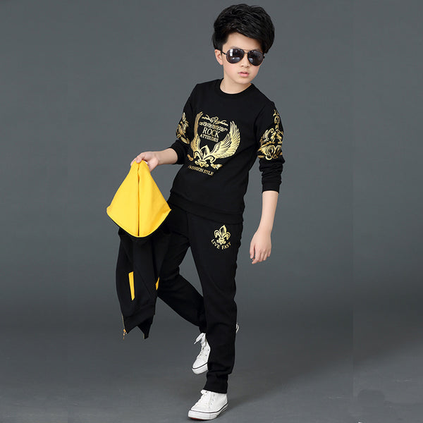 3 Pcs Winter Tracksuits For Boys And Girls Hoodie+ Shirt + Trouser Black And Golden Luxury Look