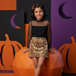 Leopard print skirt ruffles lace top shirt with skirt dress for girls