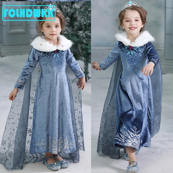 Western Dress velvet elsa snow style frock with crown frock for girls