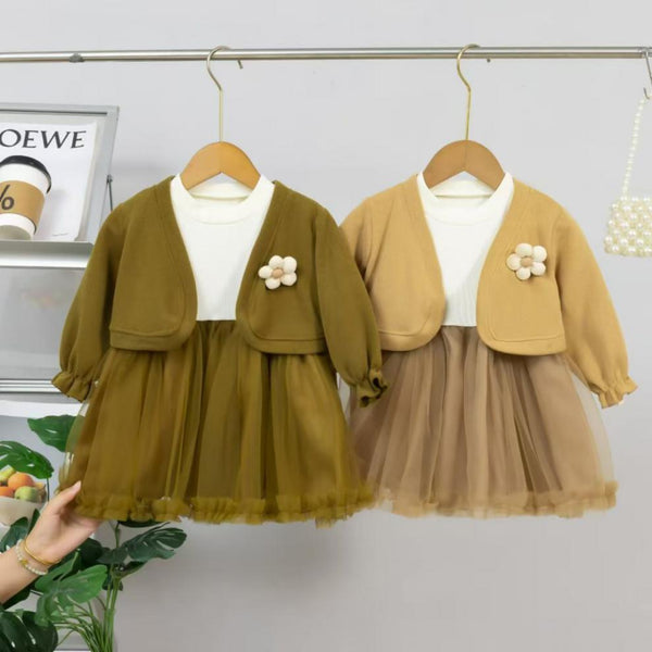 Baby clothing flower design jacket casual 2pcs dress for girls